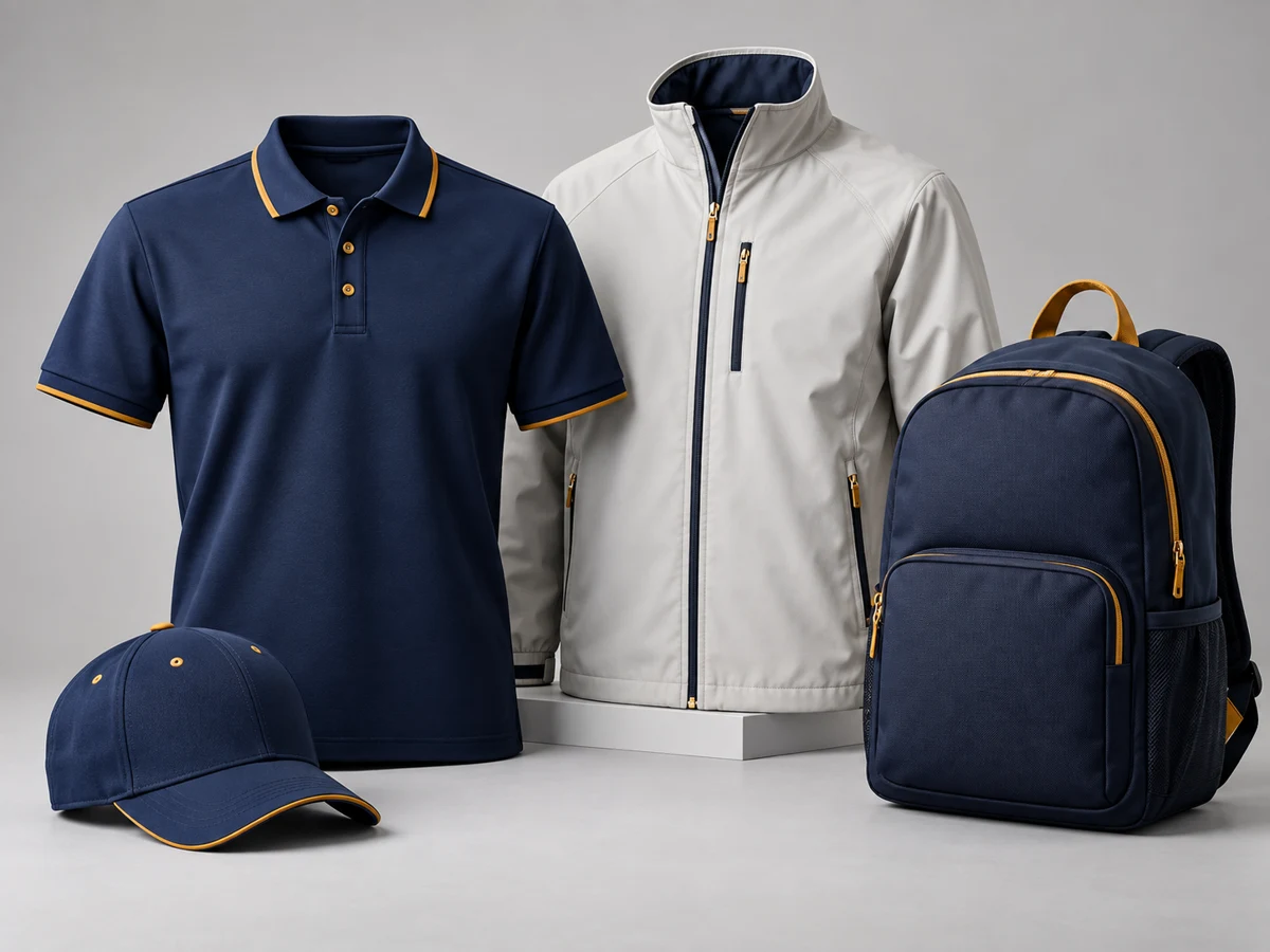 Corporate polo shirt, cap, jacket and backpack