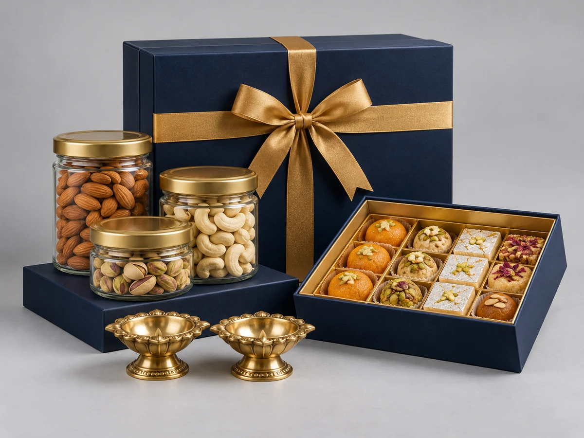 Diwali hamper with dry fruits, festive boxes and brass diyas