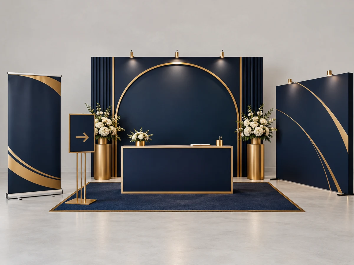Corporate event backdrop, counter, standee and signage