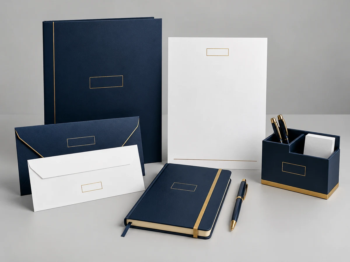 Notebook, letterhead, folder, envelopes and pen